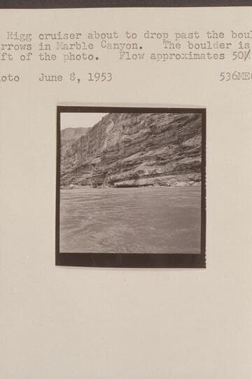 The second Rigg cruiser about to drop past the boulder at Boulder Narrows in Marble Canyon.  The boulder is at the extreme left of the photo.  Flow approximates 50,000 cfs