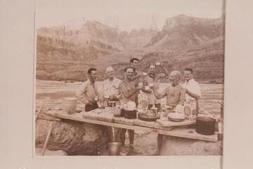 The men of the Nevills party of 1947, Lees Ferry to Bright Angel Creek.  Camp at the foot of the Tanner Trail.  L to R:  Frost, Henderson, Nevills, Garth Marston, Milotte, Marston and Farquhar
