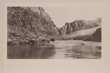 Part of sunken Lees Ferry shown in the river.  Copy of print in collection of David C. Lowrey