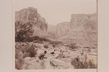 Garth Marston, Norm Nevills, and Elma Milotte damming the Nancoweap Creek
