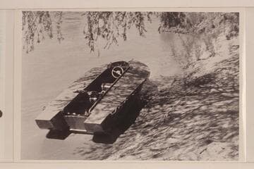 18-ft. Smith-Craft aluminum outboard boat used on Disney Reconnaissance run through Grand Canyon in 1953, June.  Lees Ferry