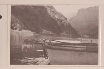 Icicles.   Looking upstream from head of Hermit Falls Rapid;  Pathe-Bray party