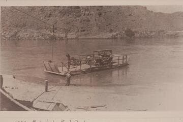 Lees Ferry.  Model T Ford on ferry.  Photo by Cockroft??