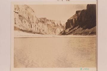 Down Marble Canyon at Mile 59.7 at Sixty Mile Canyon.  Eddy captioned this, "Cape above Kwagunt.  Unnamed rapids," which suggests he confused his location