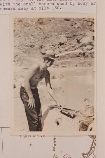 Alt Hatch.  Probably 1934, Aug. 01 at the late lunch stop about Mile 195 photographed with the small camera used by Eddy after putting his 4x5 camera away at Mile 180
