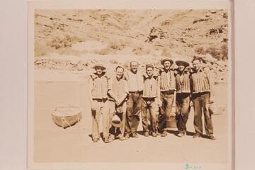 Seven of the Dusty Eight:  Bus Hatch, Fred C. Jayne, Russell G. Frazier, Royce Mowrey, Frank Swain, W. J. Fahrni and Alton Hatch.  Mouth of Chuar Creek