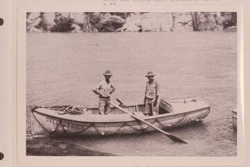 The "Dellenbaugh."  One of Clyde Eddy's boats used in the traverse of the Cataract and Grand Canyons in 1927.  Galloway and Eddy stand in the boat