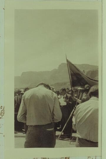 Photographing the dedication of Marble Canyon Bridge.  Print from Freeman collection