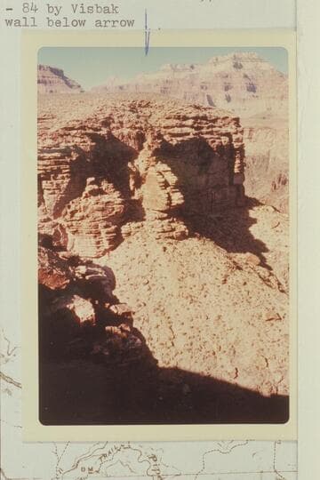 Tapeats wall on west side of small canyon west of Horn Creek Canyon.  Visbak climbed the wall below arrow