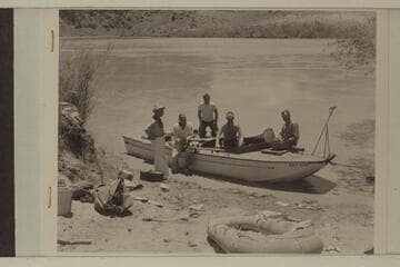 The "Esmeralda" and crew at Lees Ferry.  Marston; Taylor; Edward Hudson; Ed Hudson; Robinson