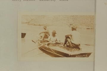 Birdseye, Lint, and Burchard in the "Boulder" at Lees Ferry.  Print from Freeman collection.  Birdseye and Burchard are wearing the dangerous breeches and heavy leather "authority" boots