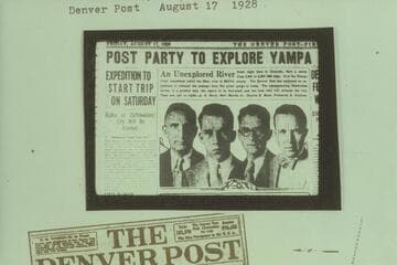 The Denver Post crew prior to their cruise of the lower Yampa River.  A. G. Birch; Bert Martin, Jr.; Charles E. Mace; Frederick E. Dunham