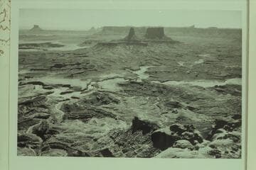 Un-named butte of elevation 6226 at upper left.  The Buttes of the Cross at upper center.  Cleopatra's Chair at upper right.  The forks of Millard Canyon at center