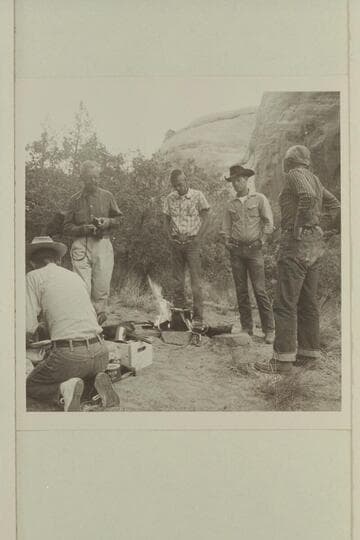 Breakfast at camp at head of middle fork of 73.6.  Daly; Eisaman; Turner; Ordiway; Masland