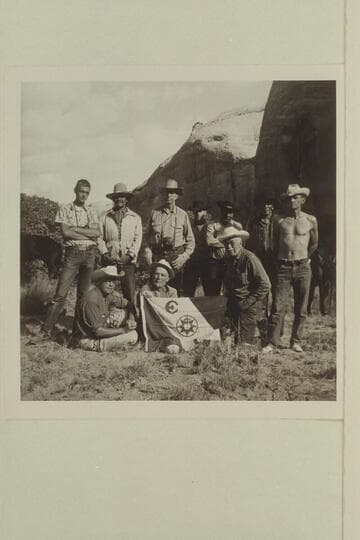 Group at camp at head of middle fork of 73.6.  Belknap used Marston camera.  Turner; Whitehat; Morss; Ordiway; Lehi; Tobe Owl; Daly; Eisaman; Marston; Masland