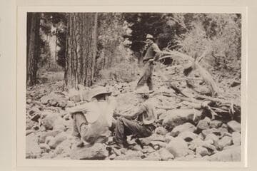 Amos Hill, the hermit of Red Canyon.  Bert Loper at left.  Kelly Trimble of the USGS, above