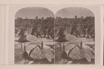 From Huntington Library stereos:  "Views on the Green River," Red Canon Series:  No. 24:  Ashley Falls (Letting down with lines).  The stage of water is relatively high in the usual June flood