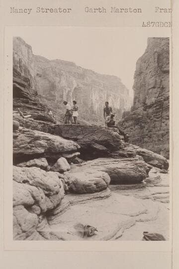 Camp on the ledges at the mouth of Supai Creek;  Rosalind Johnson, Nancy Streator, Garth Marston and Frank Wright