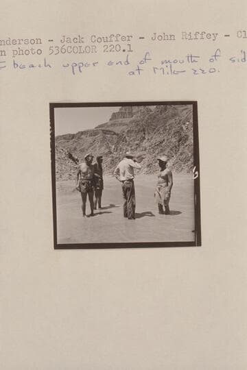 Rod Sanderson; Jack Couffer; John Riffey; Claude Nichols.  On the beach upper end of mouth of side canyon at Mile 220