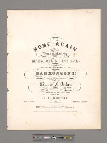 Home again / words and music by Marshall S. Pike Esq. ; sung with rapturous applause by the Harmoneons ; arranged for the piano by J. P. Ordway