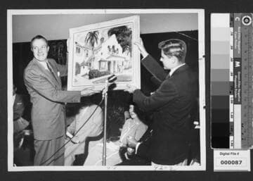 Philip Chandler receiving a painting of The Bivouac