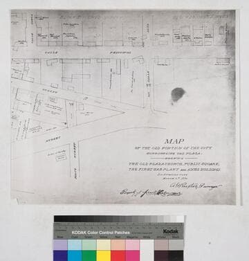 Map of the old portion of the city surrounding the plaza, showing the old plaza church, public square, the first gas Plant and adobe buildings