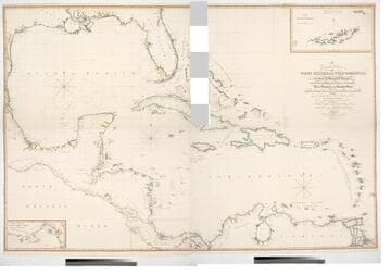 General Chart of the West Indies and Gulf of Mexico, describing the Gulf and Windward Passages, Coasts of Florida, Louisiana and Mexico, Bay of Honduras and Mosquito Shore; Coast of the Spanish Main to the Mouth of the Orinoco. Drawn from the Surveys taken by Mr. Geo. Gaulo and others, the New Spanish Charts, &c. and adjusted for Recent Observations. J. Fodd Dessiou; Master of the Royal Navy. Approved by the Chart Committee of the Admiralty. London. Published by W. Faden, Geographer to His Majesty, and His Royal Highness the Prince of Wales. Charing Cross June 4th 1808.  Written and engraved by John Roper