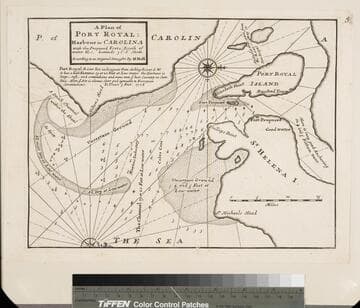 Plan of Port Royal Harbor in Carolina with the Proposed Forts, Depth of Water, &c. Latitude 32D-6 North. According to an Origenal (sic) Draught by H. Moll