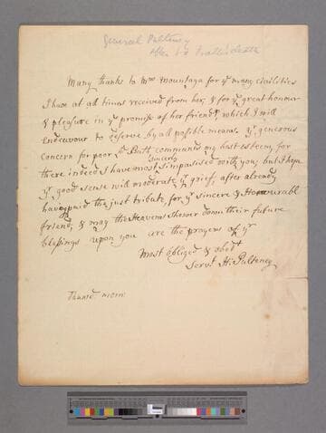 Pulteney, Harry. Letter to Elizabeth (Robinson) Montagu