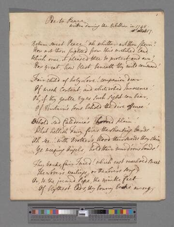 Chapone, Hester (Mulso). Ode to Peace, written during the Rebellion in 1745. . . [a poem in 10 stanzas of 4 line each]; To Mr. Edwards on his imitation of Spencer, 1749 [a poem in 5 stanzas of 6 lines each]; Ode written during a violent storm at midnight, 1749: [a poem in 5 stanzas of 6 lines each]; To Heneth, 1750 [: a poem in 7 stanzas of 6 lines each]