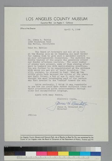 James Breasted, director of the Los Angeles County Museum, writes to EPH