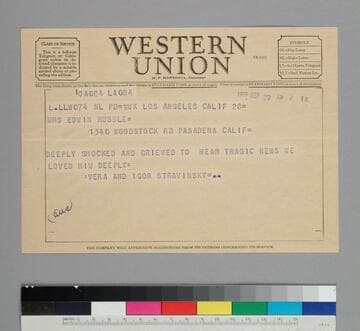 Composer Igor Stravinsky and his wife Vera wire GBH