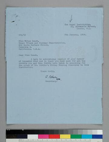 The Royal Institution of Great Britain writes to Mt. Wilson secretary