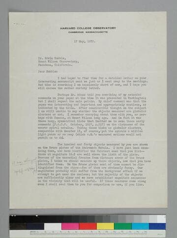 Astronomer Harlow Shapely, director of the Harvard College Observatory, writes to EPH