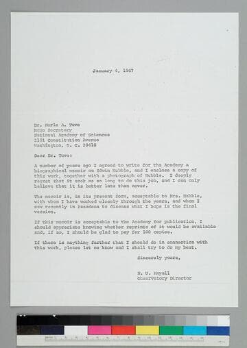 Astronomer Nicholas Mayall, director of the Kitt Peak National Observatory, writes to Merle Tuve