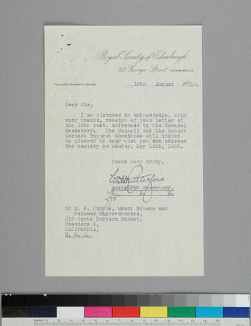 William Rutherford, assistant secretary of the Royal Society of Edinburgh, writes to EPH