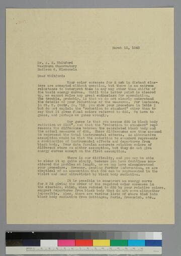 EPH writes to astronomer Albert Whitford of the Washburn observatory