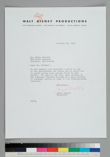 Janet Martin, of the Publicity department for Walt Disney Productions, writes to EPH