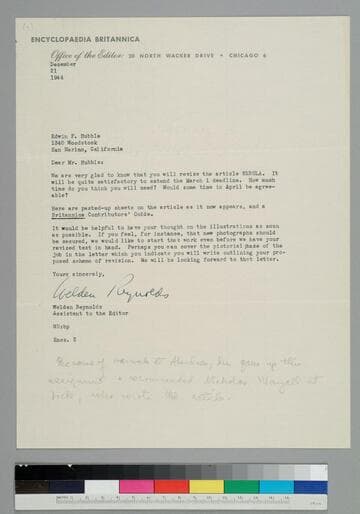Weldon Reynolds, editorial assistant of the Encyclopaedia Britannica, writes to EPH regarding a proposed article on nebula EPH would write