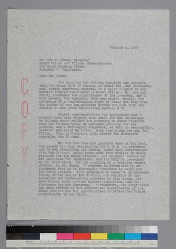 EPH writes to Mt. Wilson and Palomar Observatories director Ira Bowen