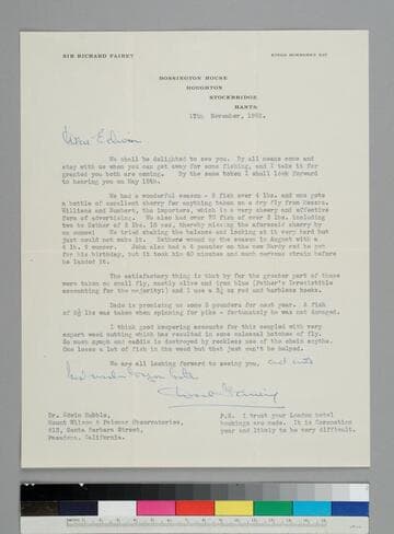 Pioneer aviator Richard Fairey writes Edwin Hubble