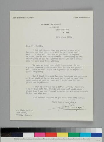 Pioneer aviator Richard Fairey writes Edwin Hubble