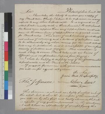 John Meer, Philadelphia, letter to Thomas Jefferson