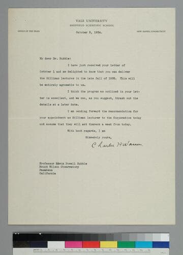 Charles H. Warren, Chairman, Committee on Silliman Lectures, Yale University, writes to EPH