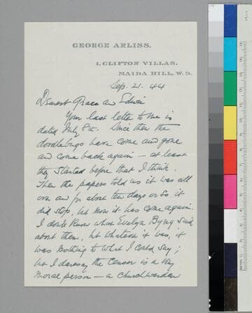 Actor George Arliss writes to Grace and Edwin Hubble of "doodlebugs" being gone for awhile