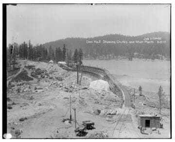 Big Creek Huntington Lake Dams - Dam #2 at Huntington Lake showing chutes, construction and concrete mixing plant. Job H