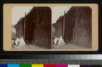 A Cahuilla woman using a low stone mortar and pestle (or metate)