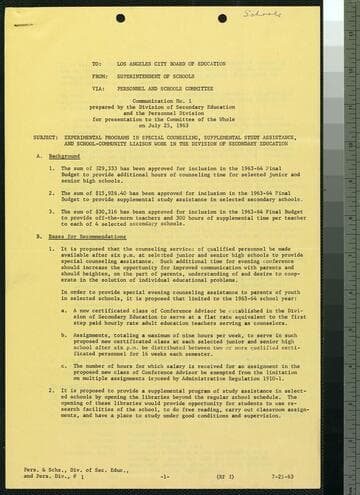 Memo and Plan for July 25, 1963 LA City Board of Education meeting