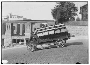 A man test driving the Lansden Electric truck on Grand Avenue in Los Angeles
