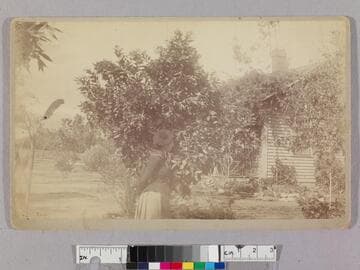 Charlotte Perkins Stetson in front of Masters house. Kensington & Orange Grove